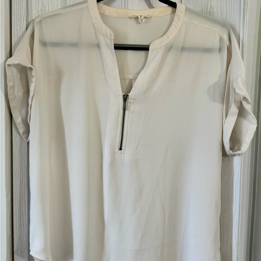 White Short Sleeve Blouse with Zipper